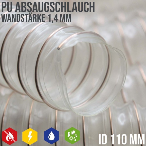 110 mm PU Saug Ansaug Druck Spiral Flex Staub Holz Metall Späne Schlauch Anlage - Wandstärke 1,4 mm