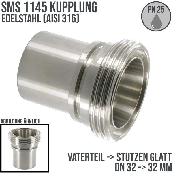 DN 32 SMS Kupplung 1145 Vaterteil VT Außengewinde Sicherungsbund - Stutzen glatt 32 mm - PN 25 bar