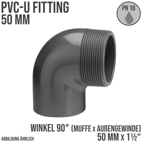 50 mm PVC Klebe Fitting Winkel 90° AG 50mm x 1 1/2" Verbinder Muffe