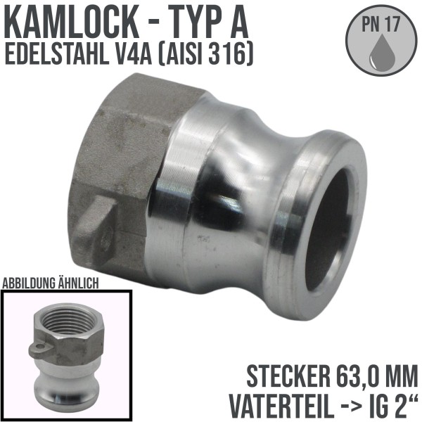 Kamlock Typ A - Vaterteil Edelstahl V2A (AISI 316) - 63,0 mm Stecker mit Innengewinde (IG) 2" Zoll D