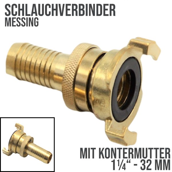 1 1/4" 32 mm Messing Schlauch Schnell Kupplung Tülle mit Kontermutter (GEKA kompatibel)