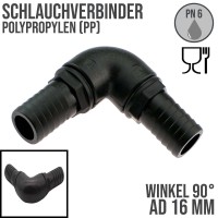 16 mm 90° Winkel Schlauch Verbinder Stutzen Doppel Tülle Pool Schlauch schwarz PN 6 bar (bis 60°C)