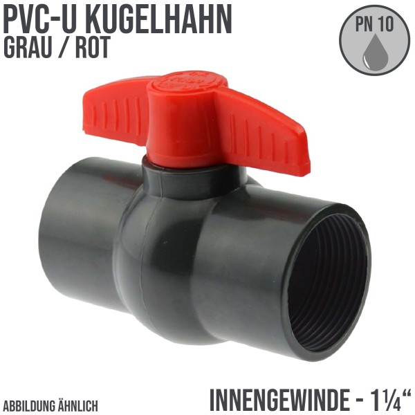 1 1/4" PVC Kugel Absperr Hahn Ventil ECO grau beitseitiges Innengewinde PN 10 bar - roter Griff