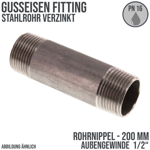 1/2" Rohrnippel Stahl verzinkt 200 mm Außen x Außengewinde AG Fittings - PN 16 bar