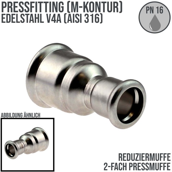 35 x 18 mm Reduzier Reduktion 2-fach Press Muffe Edelstahl AISI 316 Fittings PN 16 bar