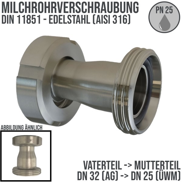 DN 32 -> DN 25 Milchrohr Verschraubung DIN 11851 Vatereil Außengewinde Mutterteil Kegel Stutzen ÜWM