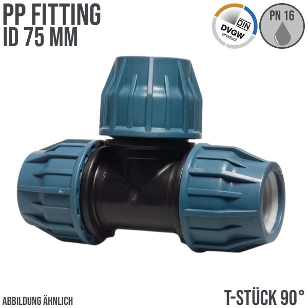 75 mm PE / PP Fitting Klemmverbinder Verschraubung Muffe Rohr T-Stück 90° DVGW