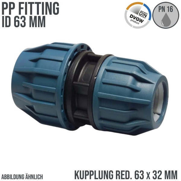 63 x 32 mm PE PP Fitting Klemm Verbinder reduziert Verschraubung Muffe Kupplung DVGW - PN 16 bar