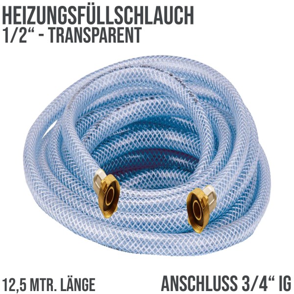 12,5 m Heizungs Füllschlauch Wasser Heizkörper Radiator Sanitär Schlauch transparent 3/4" Anschluss