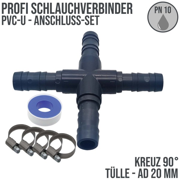 20 mm PVC PROFI Kreuz 90° Schlauch Verbinder Stutzen Tülle Pool - PN 10 bar - Montage-Set