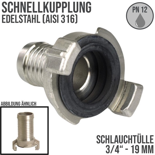 3/4" 19 mm Edelstahl AISI 316 Schlauch Schnell Kupplung Tülle (GEKA kompatibel) - PN 12 bar