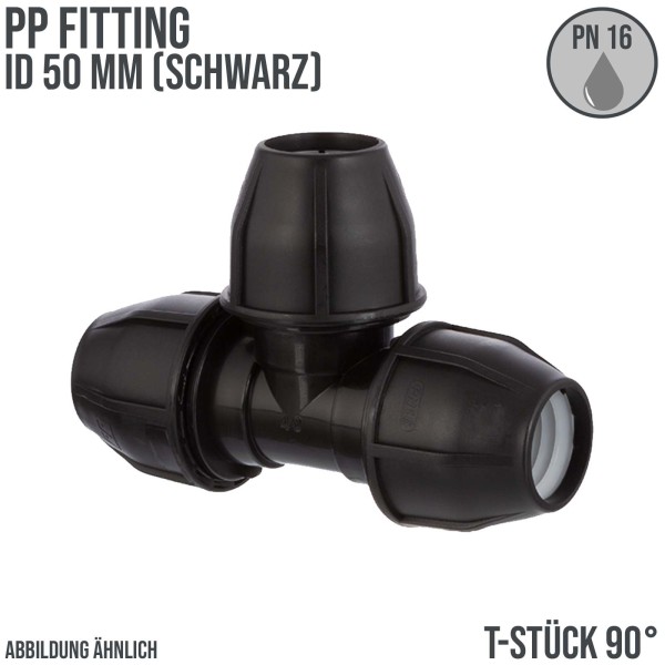 50 mm PE PP Fitting Klemm Verbinder Verschraubung Muffe Rohr T-Stück 90° schwarz - PN 16 bar