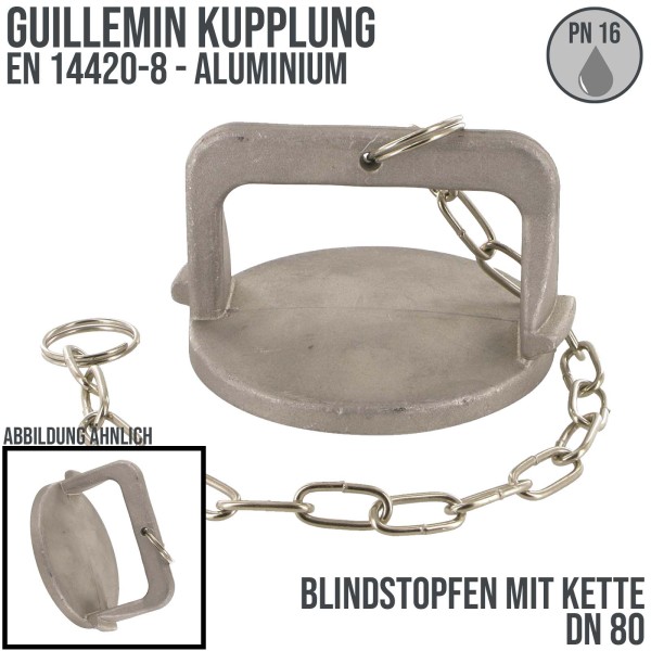 DN 80 Guillemin Kupplung Blind Stopfen Verschluss mit Griff und Kette Aluminium - PN 16 bar